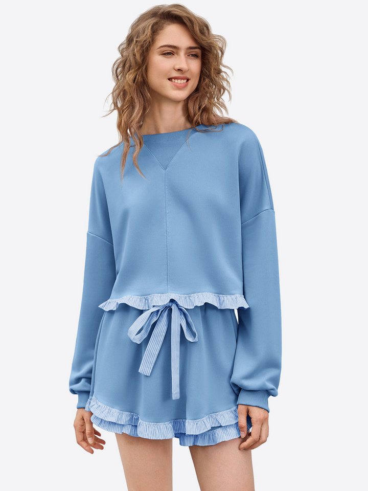 Imily Bela Freizeitanzug Damen 2-teilige Lässige Freizeitset (Set, 2-tlg., Sweatshirt+Shorts), Rüschen Besatzung von Imily Bela