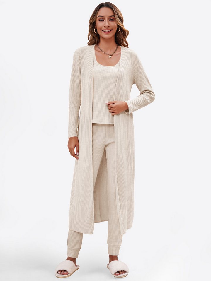 Imily Bela Hausanzug 3-teiliger Damen-Pyjama (Set, 3 tlg., Strickweste + Strickhose + Strickjacke) mit Baumwolle, Waffelstrick von Imily Bela