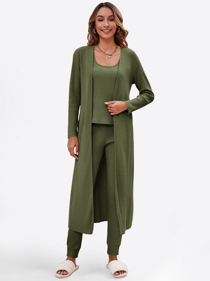 Imily Bela Hausanzug 3-teiliger Damen-Pyjama (Set, 3 tlg., Strickweste + Strickhose + Strickjacke) mit Baumwolle, Waffelstrick von Imily Bela