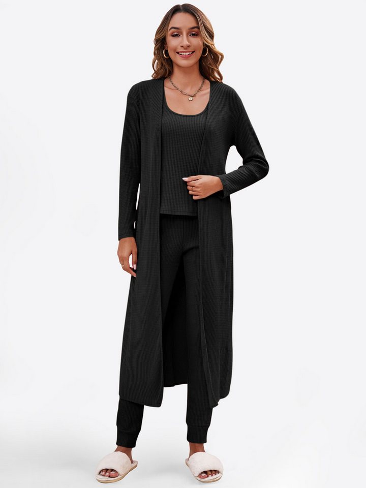 Imily Bela Hausanzug 3-teiliger Damen-Pyjama (Set, 3 tlg., Strickweste + Strickhose + Strickjacke) mit Baumwolle, Waffelstrick von Imily Bela