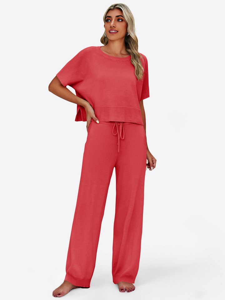 Imily Bela Hausanzug Damen 2-teilige Pullover-Sets (Set, 2 tlg., Strick-Crop-Tops mit Schlitz + High-Waist-Hosen) Volltonfarbe von Imily Bela