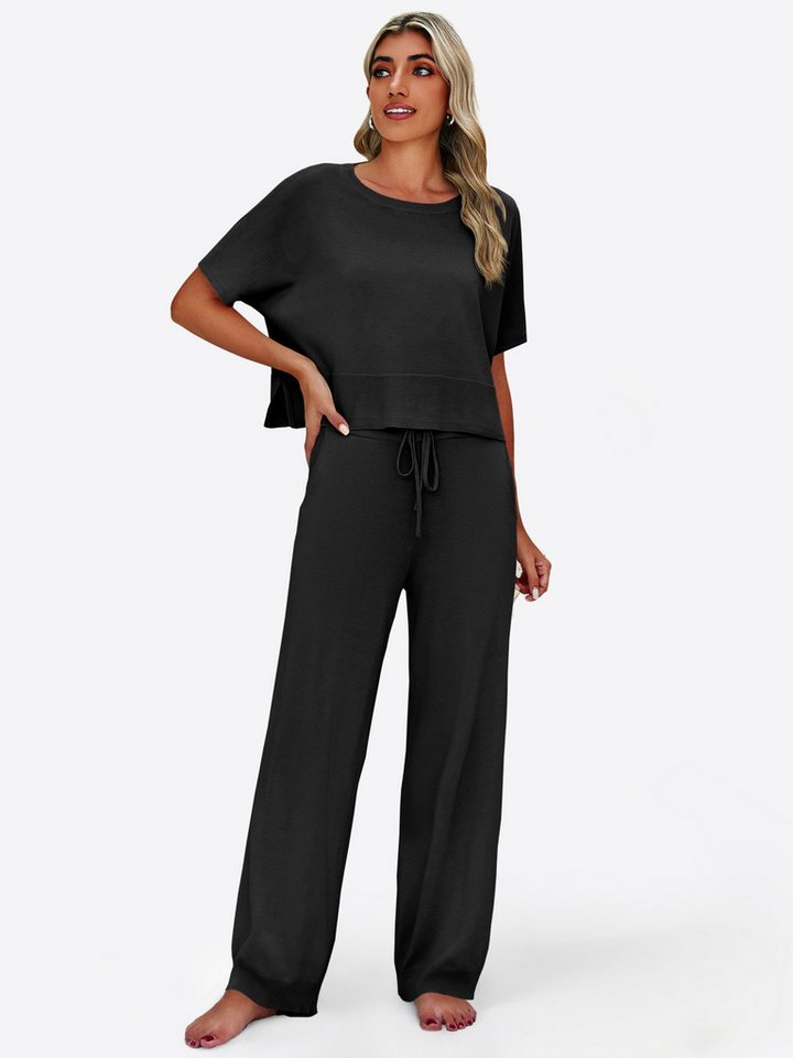 Imily Bela Hausanzug Damen 2-teilige Pullover-Sets (Set, 2 tlg., Strick-Crop-Tops mit Schlitz + High-Waist-Hosen) Volltonfarbe von Imily Bela