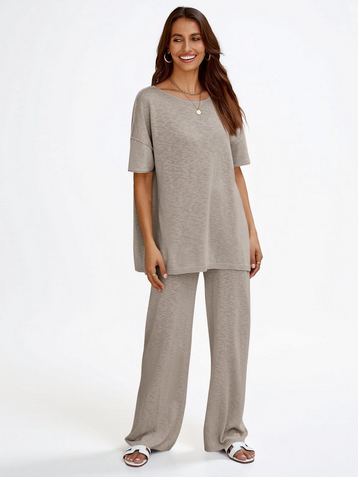Imily Bela Hausanzug Damen 2-teiliger Freizeitanzug (Set, 2 tlg., Kurzarm-Strickpullover + Weite Hose) Volltonfarbe von Imily Bela