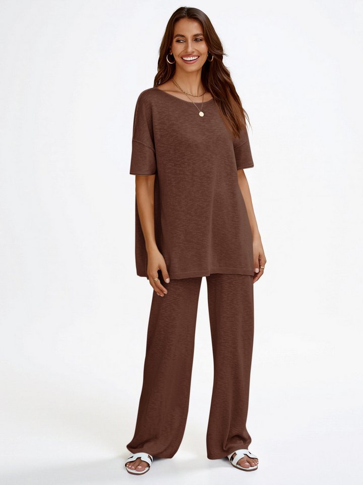 Imily Bela Hausanzug Damen 2-teiliger Freizeitanzug (Set, 2 tlg., Kurzarm-Strickpullover + Weite Hose) Volltonfarbe von Imily Bela