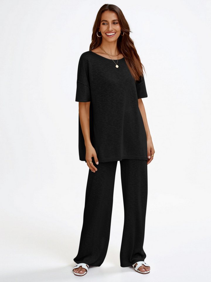 Imily Bela Hausanzug Damen 2-teiliger Freizeitanzug (Set, 2 tlg., Kurzarm-Strickpullover + Weite Hose) Volltonfarbe von Imily Bela