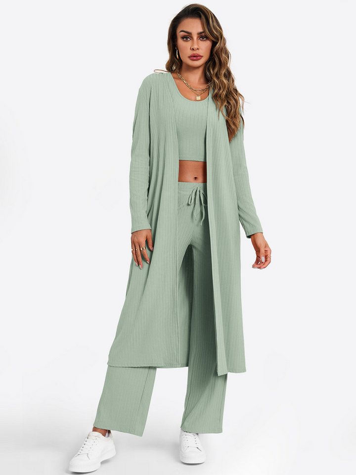 Imily Bela Hausanzug Damen 3-teilige Lounge-Sets Pyjamas (set, 3 tlg., Weste mit Rundhalsausschnitt + Hose + langärmelige Strickjacke) Volltonfarbe von Imily Bela