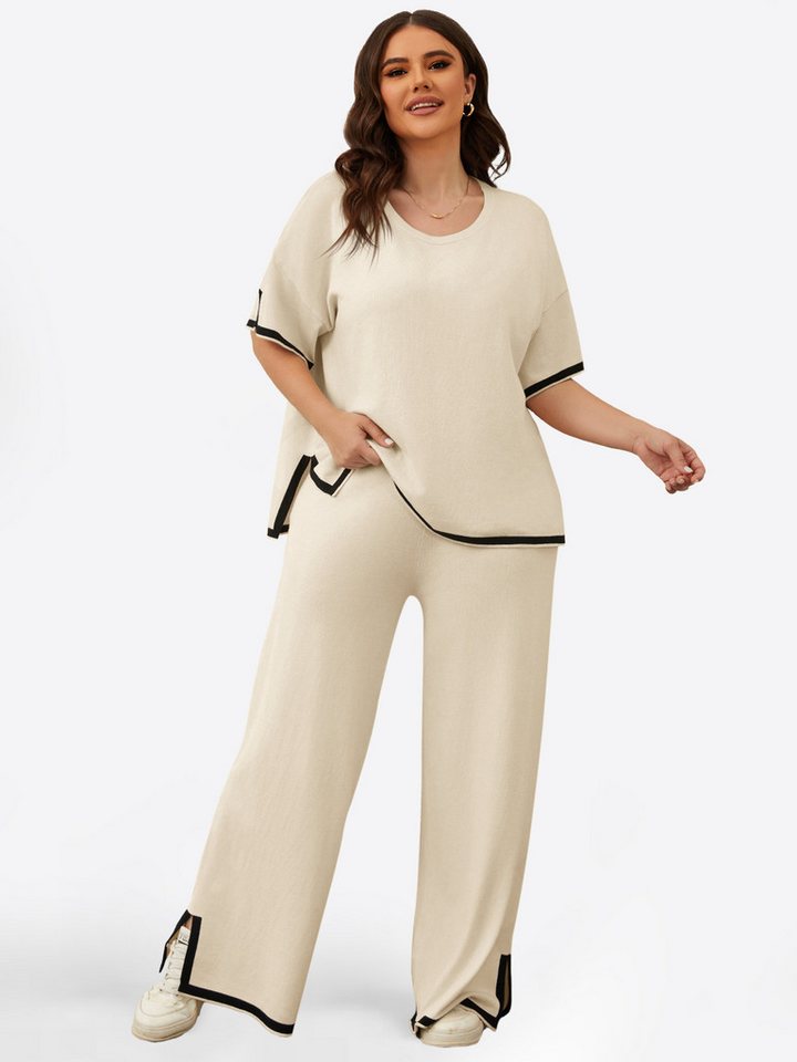 Imily Bela Hausanzug Damen Zweiteilige Outfits in Übergrößen (Set, 2 tlg., Kurzarm-Pullover-Tops+Weite Hosen) mit Rundhalsausschnitt von Imily Bela