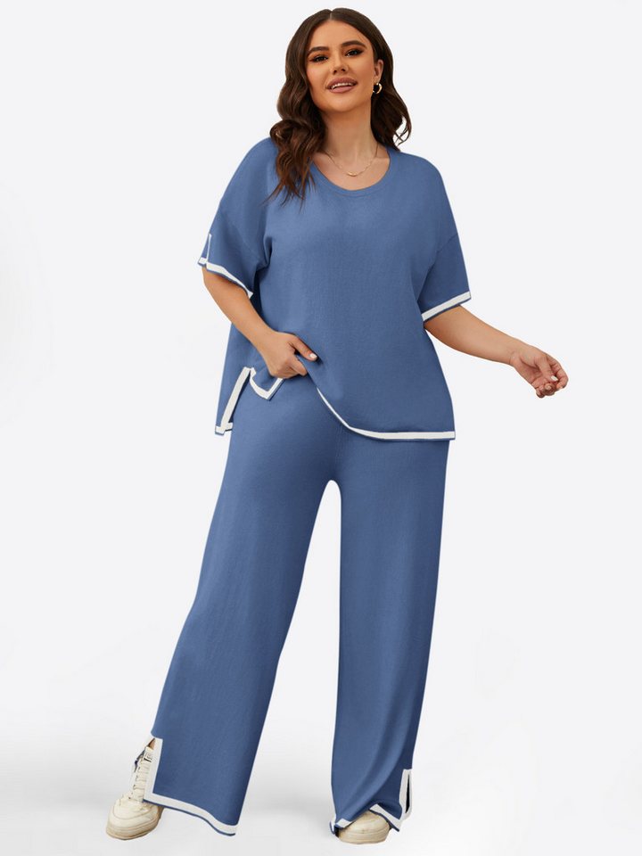Imily Bela Hausanzug Damen Zweiteilige Outfits in Übergrößen (Set, 2 tlg., Kurzarm-Pullover-Tops+Weite Hosen) mit Rundhalsausschnitt von Imily Bela