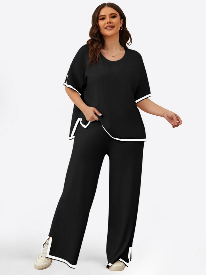 Imily Bela Hausanzug Damen Zweiteilige Outfits in Übergrößen (Set, 2 tlg., Kurzarm-Pullover-Tops+Weite Hosen) mit Rundhalsausschnitt von Imily Bela