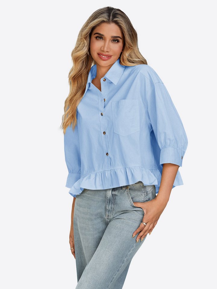 Imily Bela Hemdbluse Damen Kurzes Shirt mit Knöpfen (Packung, 1-tlg., 1per-Pack) Rüschen Besatzung von Imily Bela