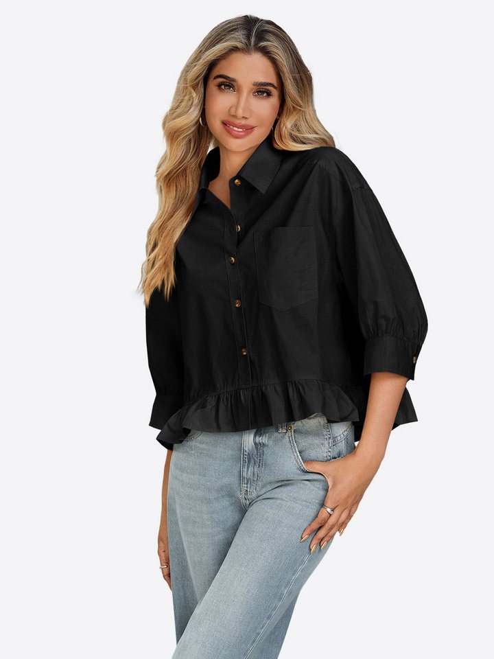 Imily Bela Hemdbluse Damen Kurzes Shirt mit Knöpfen (Packung, 1-tlg., 1per-Pack) Rüschen Besatzung von Imily Bela