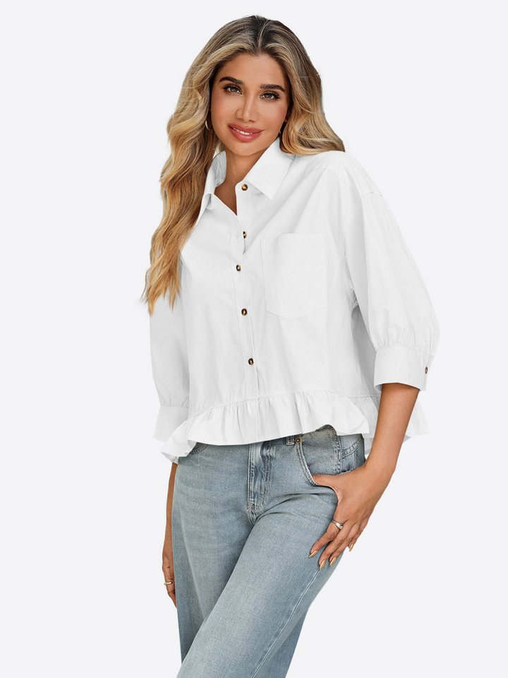 Imily Bela Hemdbluse Damen Kurzes Shirt mit Knöpfen (Packung, 1-tlg., 1per-Pack) Rüschen Besatzung von Imily Bela