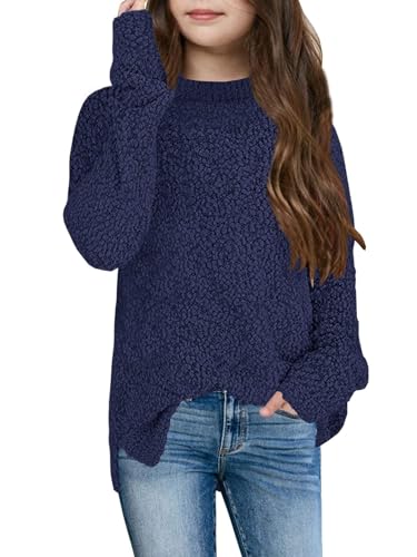 Imily Bela Kinder Mädchen Fleece Pullover Rundhals Fuzzy Strickpullover Warme Winter Oberteile Sweater (Navy, 140/9-10 Jahre) von Imily Bela