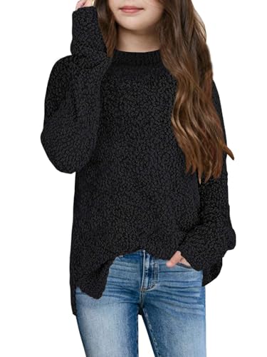 Imily Bela Kinder Mädchen Fleece Pullover Rundhals Fuzzy Strickpullover Warme Winter Oberteile Sweater (Schwarz, 140/9-10 Jahre) von Imily Bela