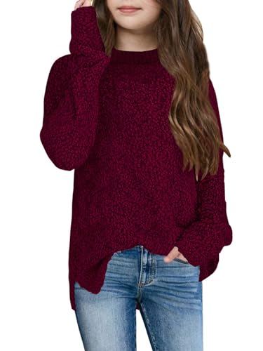 Imily Bela Kinder Mädchen Fleece Pullover Rundhals Fuzzy Strickpullover Warme Winter Oberteile Sweater (Weinrot, 150/11-12 Jahre) von Imily Bela