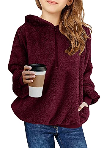 Imily Bela Kinder Mädchen Kapuzenpullover Fleece Hoodies Sherpa Pullover Teddy Sweatshirt Langarm Pulli mit Tasche (Weinrot, 150/11-12 Jahre) von Imily Bela
