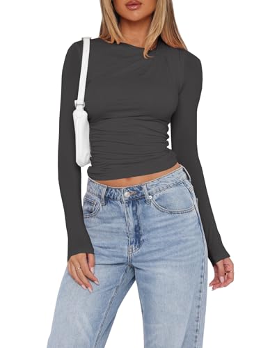 Imily Bela Langarmshirt Damen Basic T-Shirts Slim Fit Crop Top Casual Y2K Rundhals Enges Oberteil, grau, L von Imily Bela