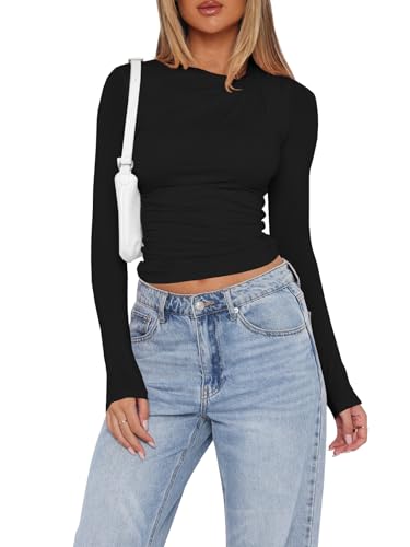 Imily Bela Langarmshirt Damen Basic T-Shirts Slim Fit Crop Top Casual Y2K Rundhals Enges Oberteil, schwarz, XXL von Imily Bela