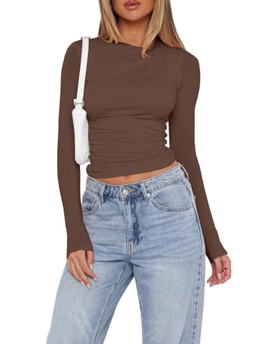 Imily Bela Langarmshirt Damen Basic T-Shirts Slim Fit Crop Top Casual Y2K Rundhals Enges Oberteil,braun,XXL von Imily Bela