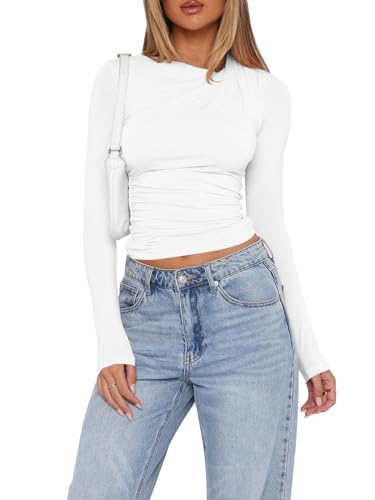 Imily Bela Langarmshirt Damen Basic T-Shirts Slim Fit Crop Top Casual Y2K Rundhals Enges Oberteil Weiss,L von Imily Bela