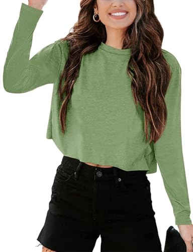 Imily Bela Langarmshirt Damen Cropped T Shirts Casual Loose Rundhals Crop Tops Oberteile Basic Tees Shirts.Armeegrün.S von Imily Bela