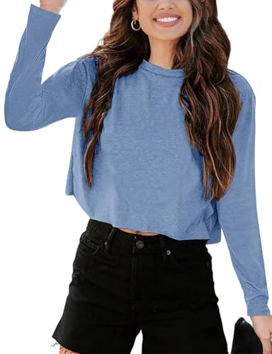 Imily Bela Langarmshirt Damen Cropped T Shirts Casual Loose Rundhals Crop Tops Oberteile Basic Tees Shirts.Blau.S von Imily Bela