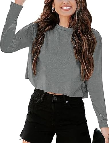 Imily Bela Langarmshirt Damen Cropped T Shirts Casual Loose Rundhals Crop Tops Oberteile Basic Tees Shirts.Grau.XXL von Imily Bela