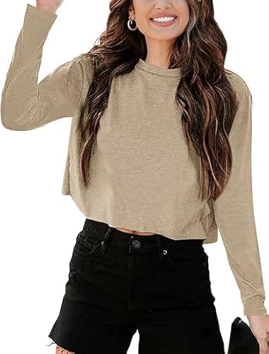 Imily Bela Langarmshirt Damen Cropped T Shirts Casual Loose Rundhals Crop Tops Oberteile Basic Tees Shirts.Khaki.M von Imily Bela
