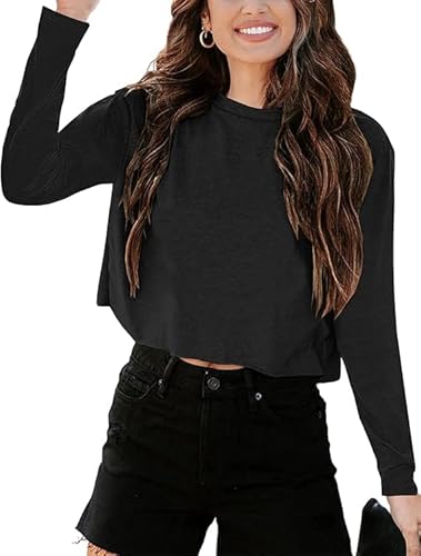 Imily Bela Langarmshirt Damen Cropped T Shirts Casual Loose Rundhals Crop Tops Oberteile Basic Tees Shirts.Schwarz.M von Imily Bela