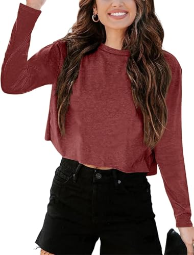 Imily Bela Langarmshirt Damen Cropped T Shirts Casual Loose Rundhals Crop Tops Oberteile Basic Tees Shirts.Weinrot.XL von Imily Bela