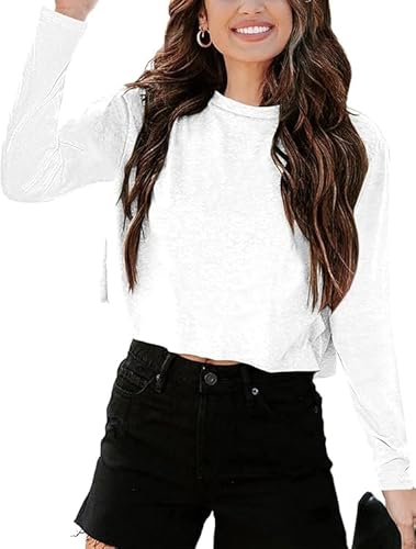 Imily Bela Langarmshirt Damen Cropped T Shirts Casual Loose Rundhals Crop Tops Oberteile Basic Tees Shirts.Weiß.XL von Imily Bela