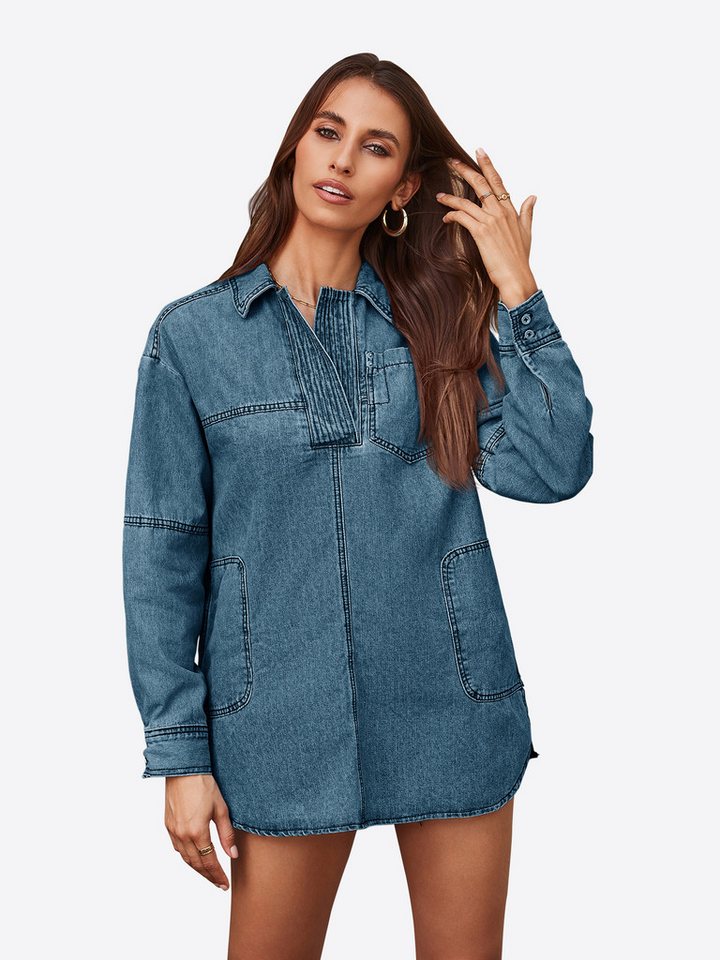 Imily Bela Longpullover Damen Lockere Jeansjacke (Packung, 1-tlg., 1per-Pack) Volltonfarbe von Imily Bela