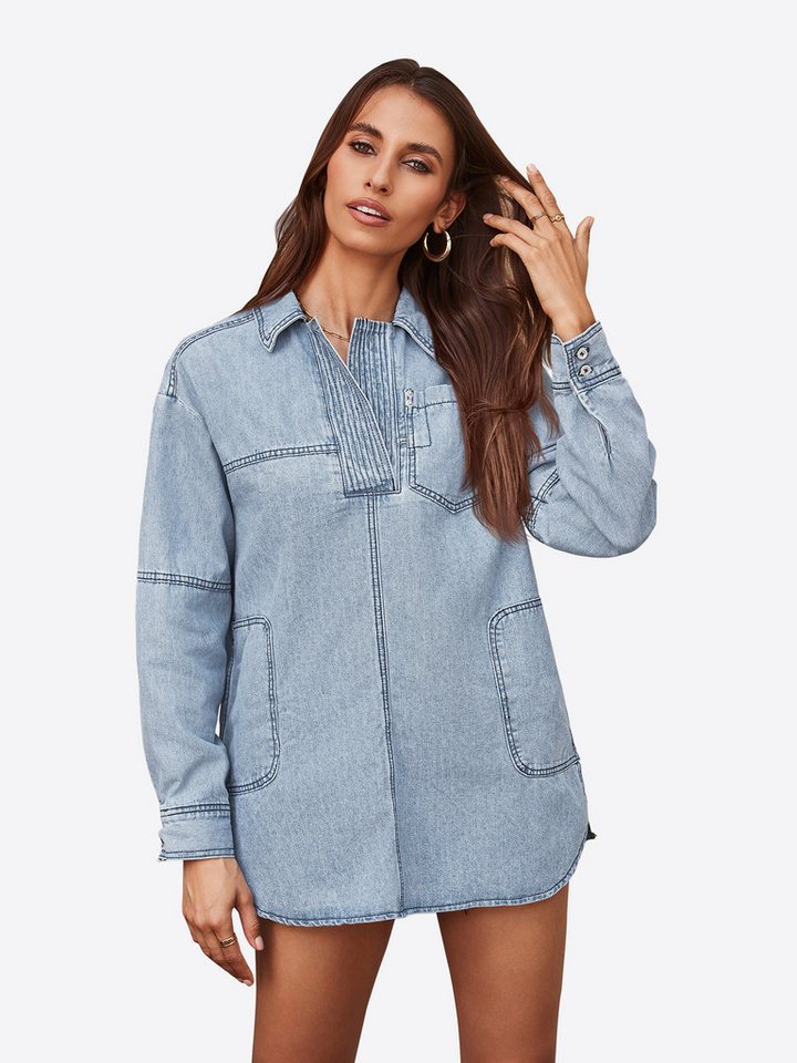 Imily Bela Longpullover Damen Lockere Jeansjacke (Packung, 1-tlg., 1per-Pack) Volltonfarbe von Imily Bela