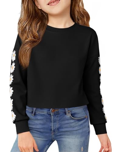 Imily Bela Mädchen Sweatshirts Daisy Printed Langarmshirt Cute Kinder Pullover Crop Tops Casual Kleidung(Schwarz, 13-14 Jahre) von Imily Bela