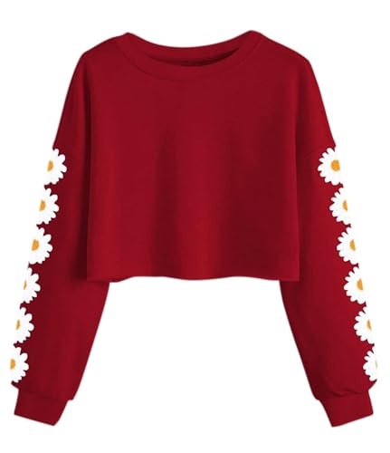 Imily Bela Mädchen Sweatshirts Daisy Printed Langarmshirt Cute Kinder Pullover Crop Tops Casual Kleidung(Rot, 7-8 Jahre) von Imily Bela