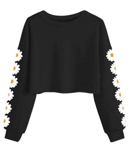 Imily Bela Mädchen Sweatshirts Daisy Printed Langarmshirt Cute Kinder Pullover Crop Tops Casual Kleidung(Schwarz, 9-10 Jahre) von Imily Bela