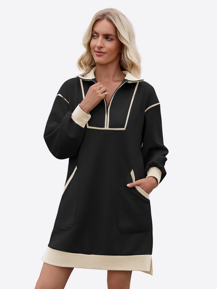 Imily Bela Minikleid Damen Langarm Lockerer Kleid mit V-Ausschnitt (Packung, 1-tlg., 1per-Pack) mit Reißverschluss von Imily Bela