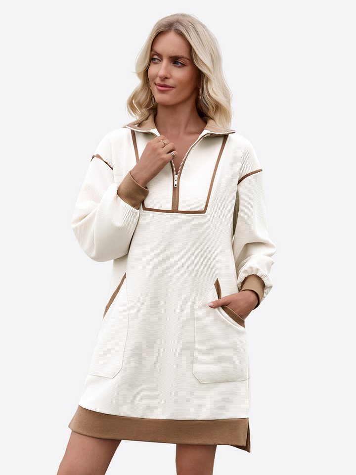 Imily Bela Minikleid Damen Langarm Lockerer Kleid mit V-Ausschnitt (Packung, 1-tlg., 1per-Pack) mit Reißverschluss von Imily Bela