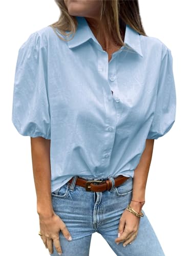 Imily Bela Musselin Bluse Damen Elegant Blusen Baumwolle Tunika Sommer Button Down Kragen Hemdbluse Oberteile（Blau，L） von Imily Bela