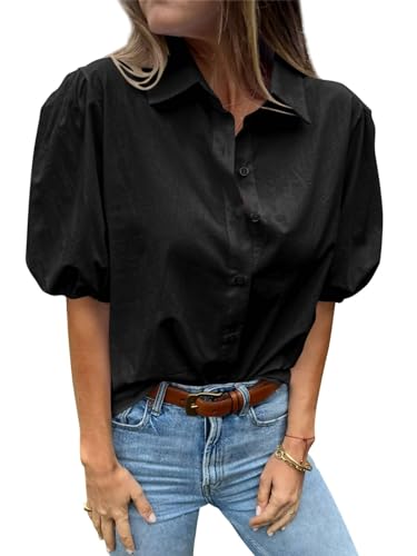 Imily Bela Musselin Bluse Damen Elegant Blusen Baumwolle Tunika Sommer Button Down Kragen Hemdbluse Oberteile（Schwarz，L） von Imily Bela