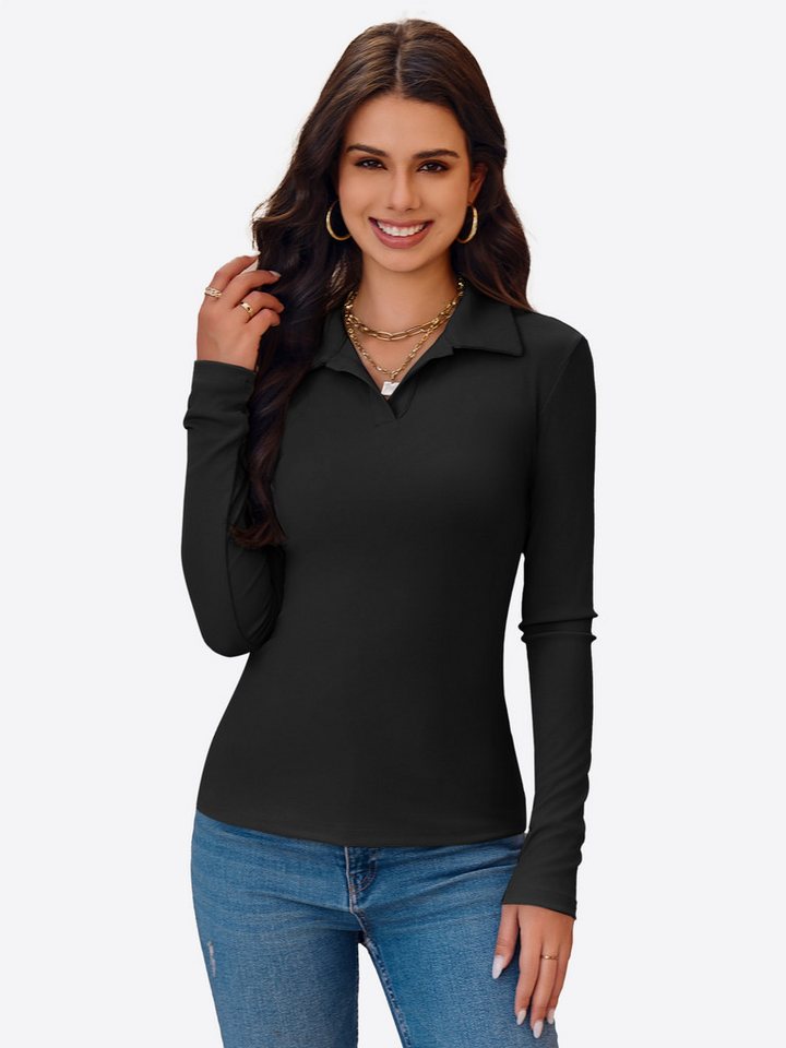 Imily Bela Poloshirt Damen Langärmliges Top mit aus Rippstrick (Packung, 1-tlg., 1per-Pack) V-Ausschnitt von Imily Bela