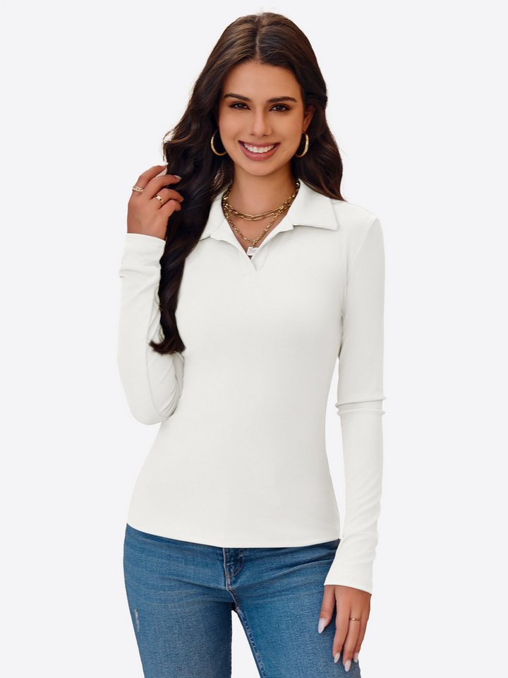 Imily Bela Poloshirt Damen Langärmliges Top mit aus Rippstrick (Packung, 1-tlg., 1per-pack) V-Ausschnitt von Imily Bela
