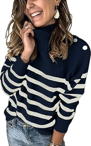 Imily Bela Pullover Damen Herbst Winter Gestreift Langarm Elegant Strickpullover Rollkragen Locker Frauen Oberteile Deko mit Metallknöpfen(Dunkelblau,S) von Imily Bela