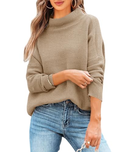 Imily Bela Pullover Damen Rollkragen Gerippt Langarm Strickpullover Elegant Herbst Winter Gestrickt Oberteile Stretch Lose(Khaki,L) von Imily Bela