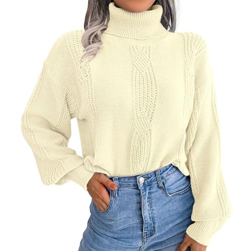 Imily Bela Pullover Damen Winter Warm Langarm Rollkragenpullover Grobstrick Weich Cable Knit Herbst Strickpullover(Weiß,L) von Imily Bela