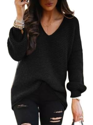 Imily Bela Pullover Damen mit V-Ausschnitt Strickpullover Casual Loose Langarm Kabel Stricken Oberteil Warm Winter Sweater Schwarz XL von Imily Bela