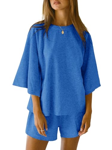 Imily Bela Schlafanzug Damen Kurz Rundhals Pyjama Set Sommer 3/4 Ärmel Lounge Set Locker Lässig(Blau,L) von Imily Bela