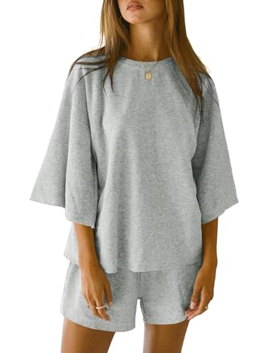 Imily Bela Schlafanzug Damen Kurz Rundhals Pyjama Set Sommer 3/4 Ärmel Lounge Set Locker Lässig(Grau,L) von Imily Bela