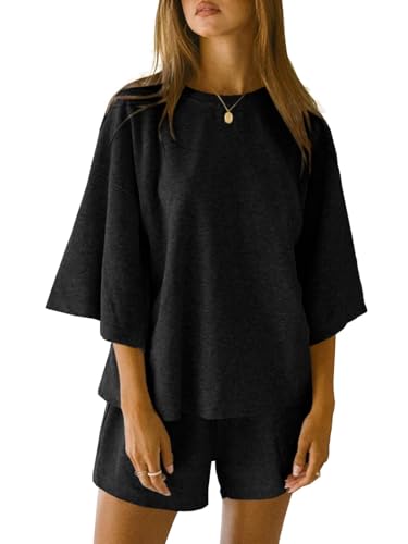 Imily Bela Schlafanzug Damen Kurz Rundhals Pyjama Set Sommer 3/4 Ärmel Lounge Set Locker Lässig(Schwarz,S) von Imily Bela