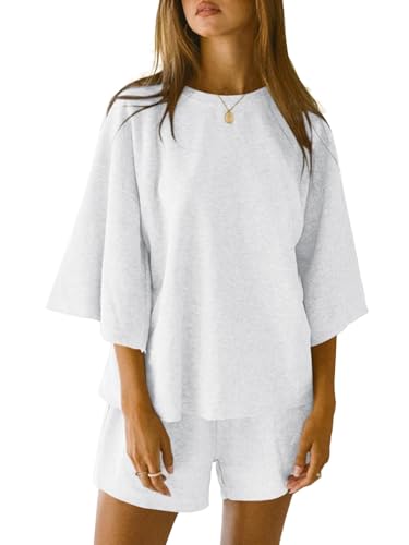 Imily Bela Schlafanzug Damen Kurz Rundhals Pyjama Set Sommer 3/4 Ärmel Lounge Set Locker Lässig(Weiß,L) von Imily Bela